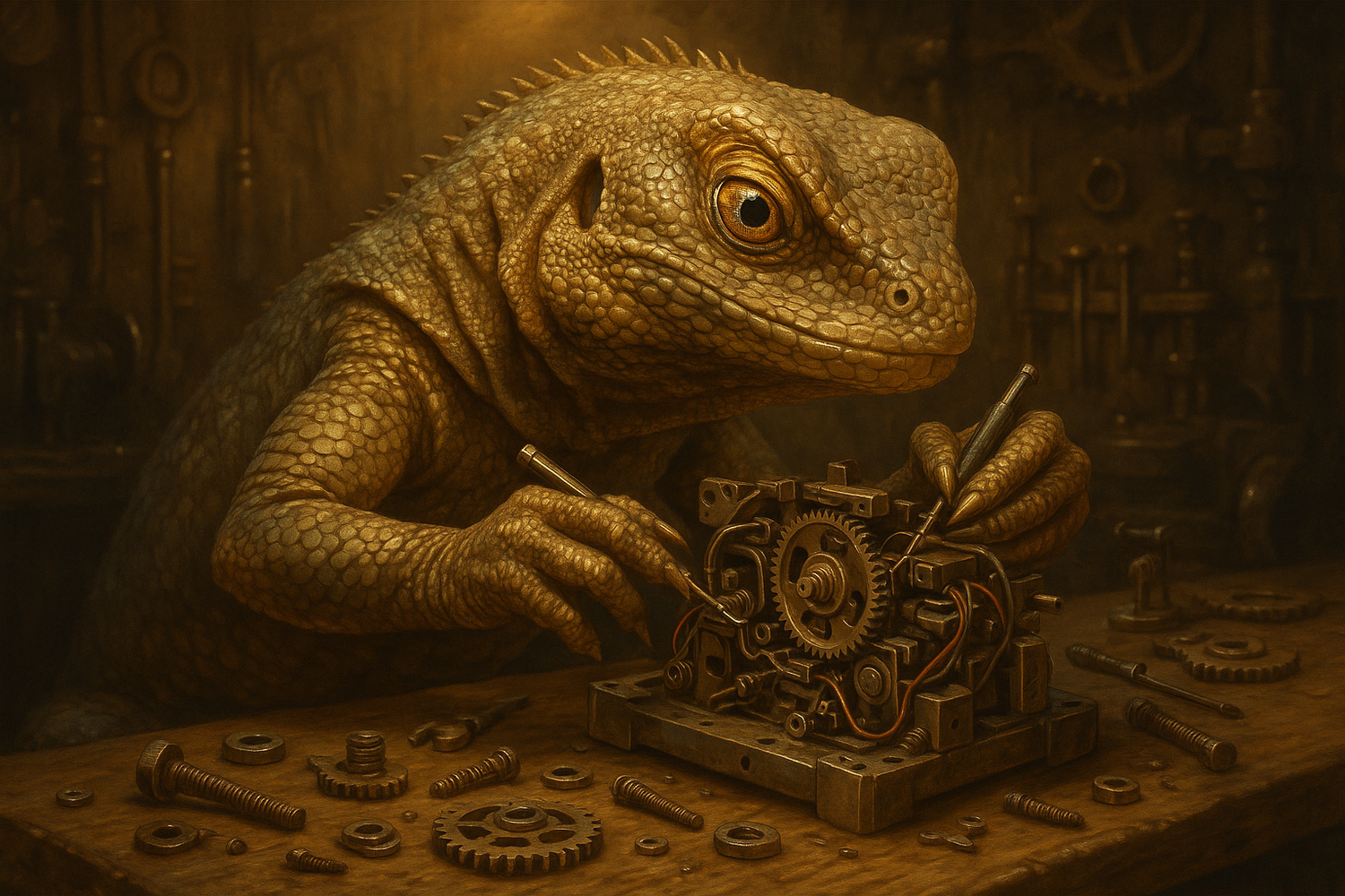 Lizard assembling a machine