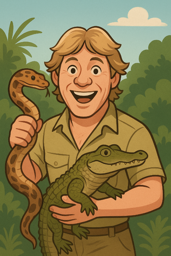 Illustration of a man holding a snake and an alligator in a jungle setting